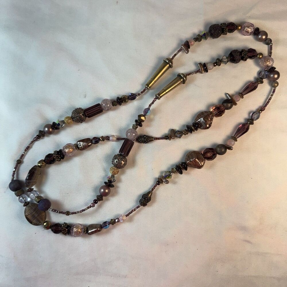 Vintage Boho Mixed Glass Beaded Long Strand Necklace Purple Bronze Brass 42 Inch